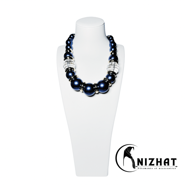 Ensemble collier de perles + boucles d'oreilles bleu marine pour femme