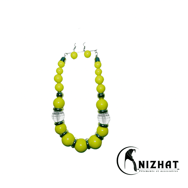 Ensemble collier de perles + boucles d&#039;oreilles vert pour femme