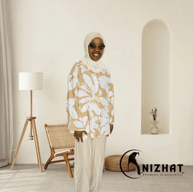 Ensemble chemise manches longues + pantalon imprimé beige et blanc 