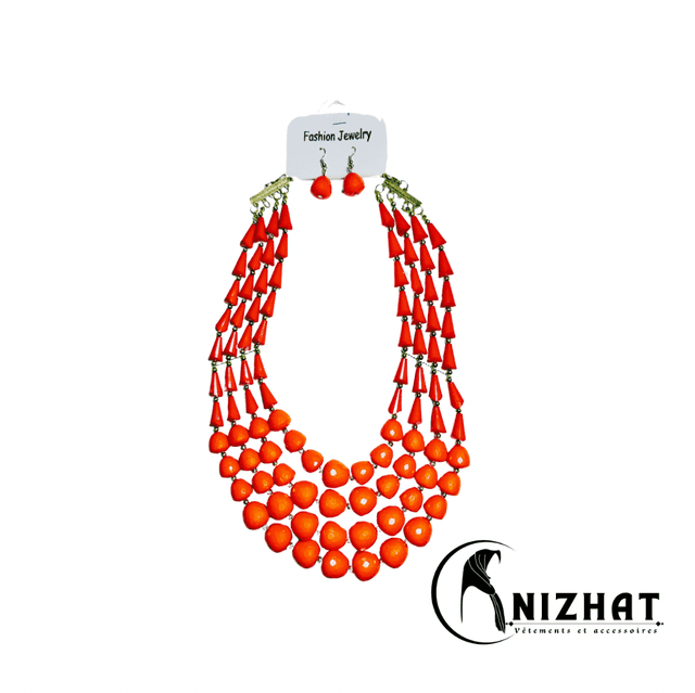 Lot de 5 colliers de perles pour femme + boucles d&#039;oreilles fantaisie couleur orange 