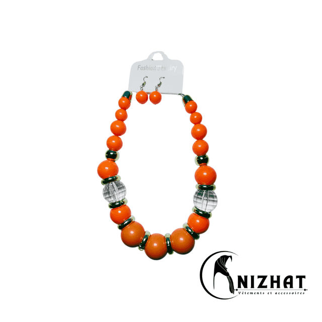 Ensemble collier de perles + boucles d&#039;oreilles orange pour femme