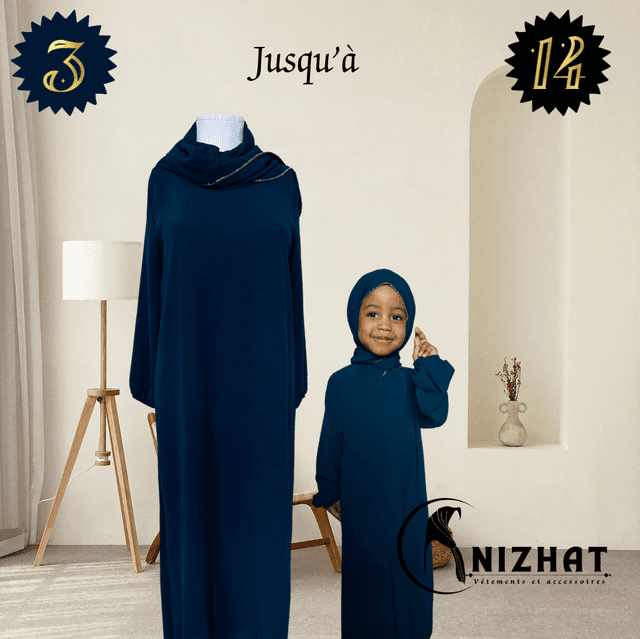 Abaya + Hijab intégré en jersey - pour enfants 3 à 14 ans - couleur bleu