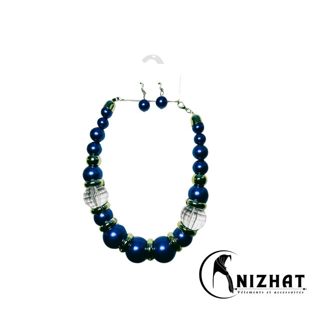 Ensemble collier de perles + boucles d&#039;oreilles bleu marine pour femme
