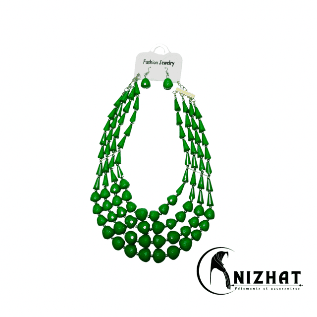 Lot de 5 colliers de perles pour femme + boucles d&#039;oreilles fantaisie couleur vert foncé 
