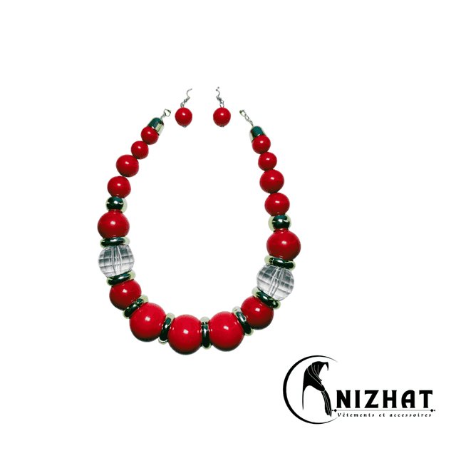 Ensemble collier de perles + boucles d&#039;oreilles rouge pour femme